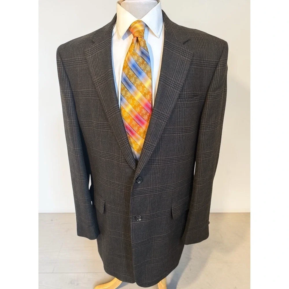 Jos A Bank Brown Glen Plaid 100% Wool Sport Coat Jacket Blazer Sz 46XL Flannel